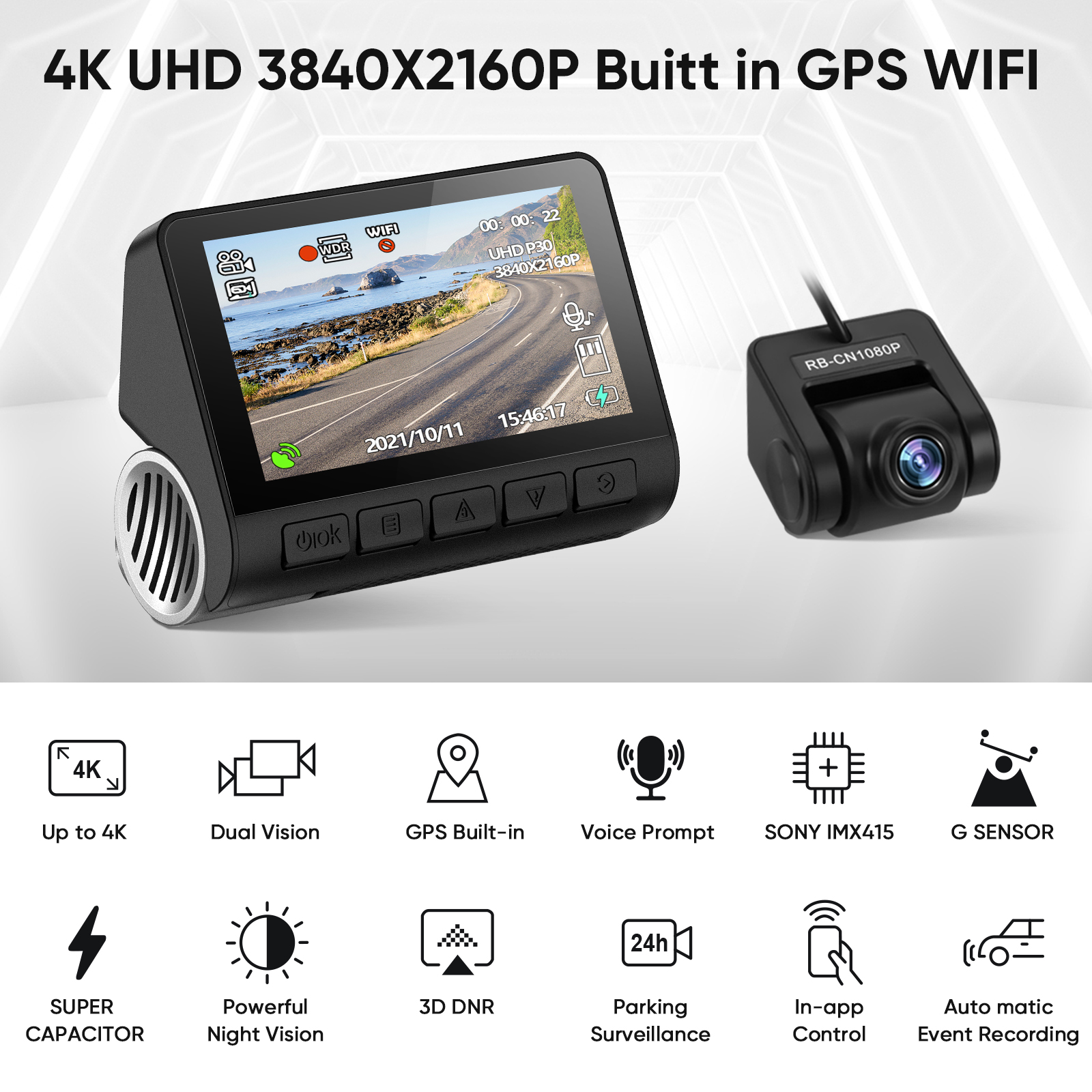 カーDVR V55 4Kダッシュカム2160p GPS ADAS 24H駐車サポートリアカムナイトビジョン音声プロンプトアプリコントロール