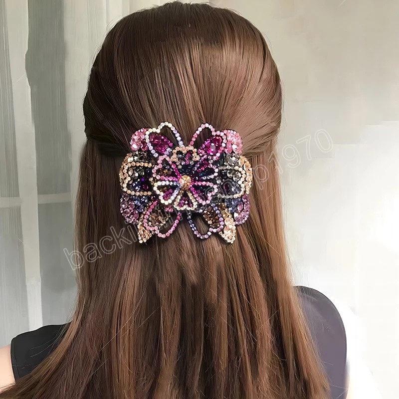 Korean Elegant Full Rhinestones Flower Hair Clips Crystal Ponytail Holder Hair Claws Women Hairpins Barrettes Hair Accessories