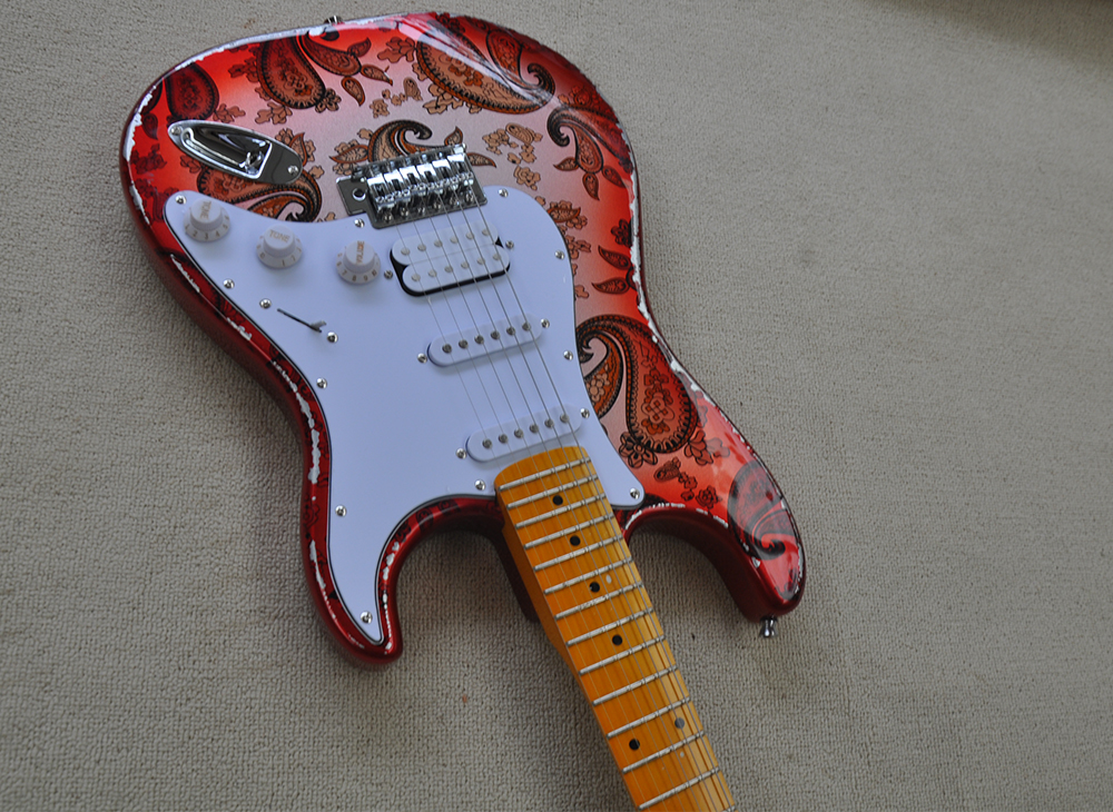 Röd elektrisk gitarr med blommor klistermärke gul lönn fretboard kan anpassas