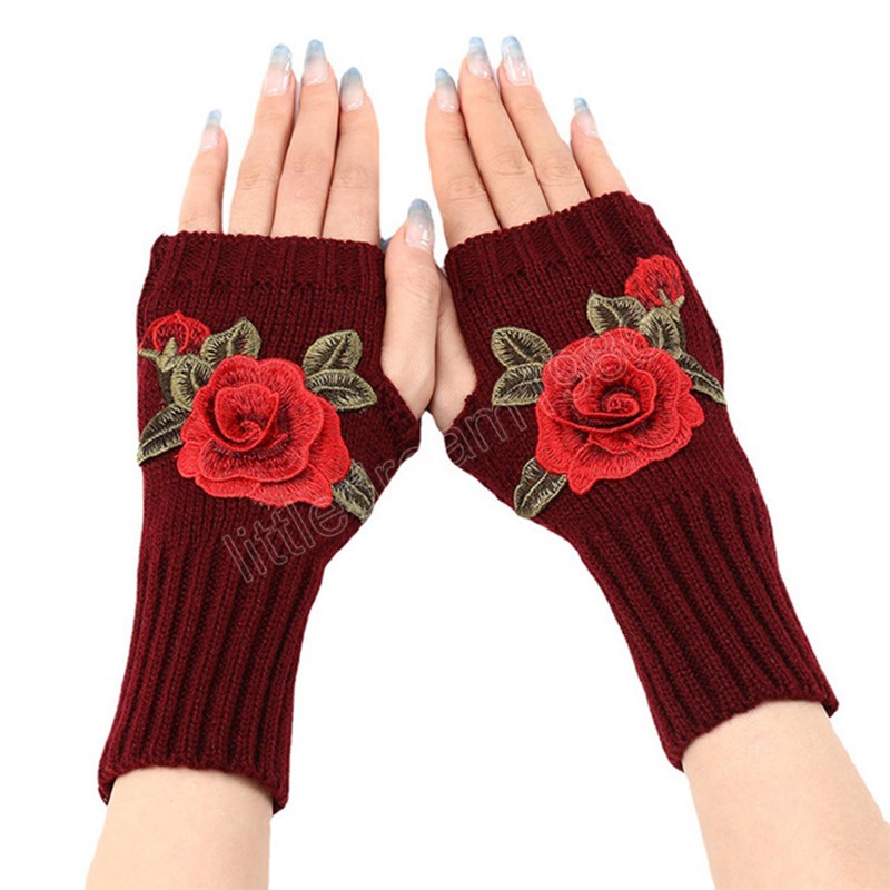 Luvas femininas de inverno Autumn Moda Bordada Mangas de l￣ de malha de malha quente f￪mea de f￪meas casuais luvas de dedos