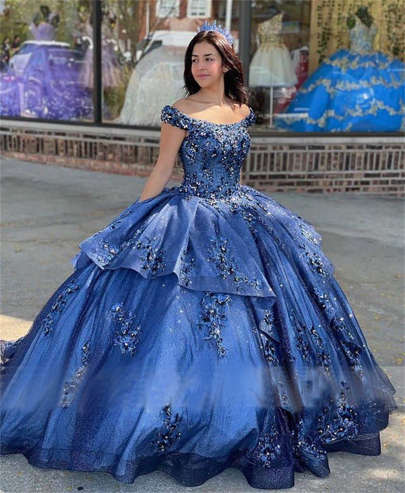 Bling Tulle Navy Azul Quinceanera Vestidos Princesa 2023 Appliques Minchou o ombro Sweet 16 Dress Faculdade de formatura Faculdade de formatura