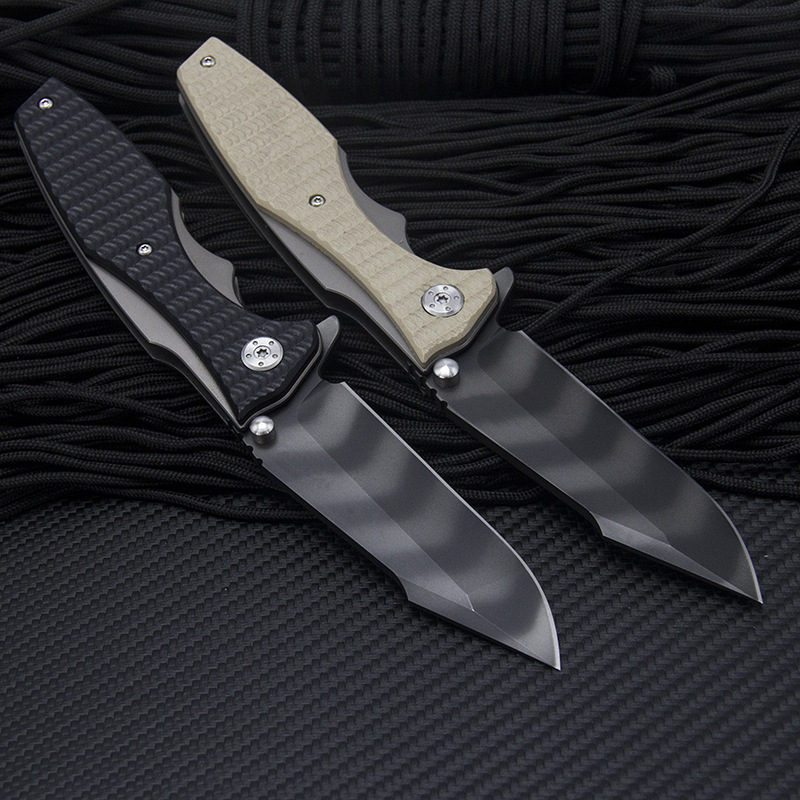 0393 Flipper Folding Knife 9Cr14Mov Tiger Stripe Titanium Coating Blade G10 with Stainless Steel Sheet Handle Ball Bearing Pocket Folder Knives