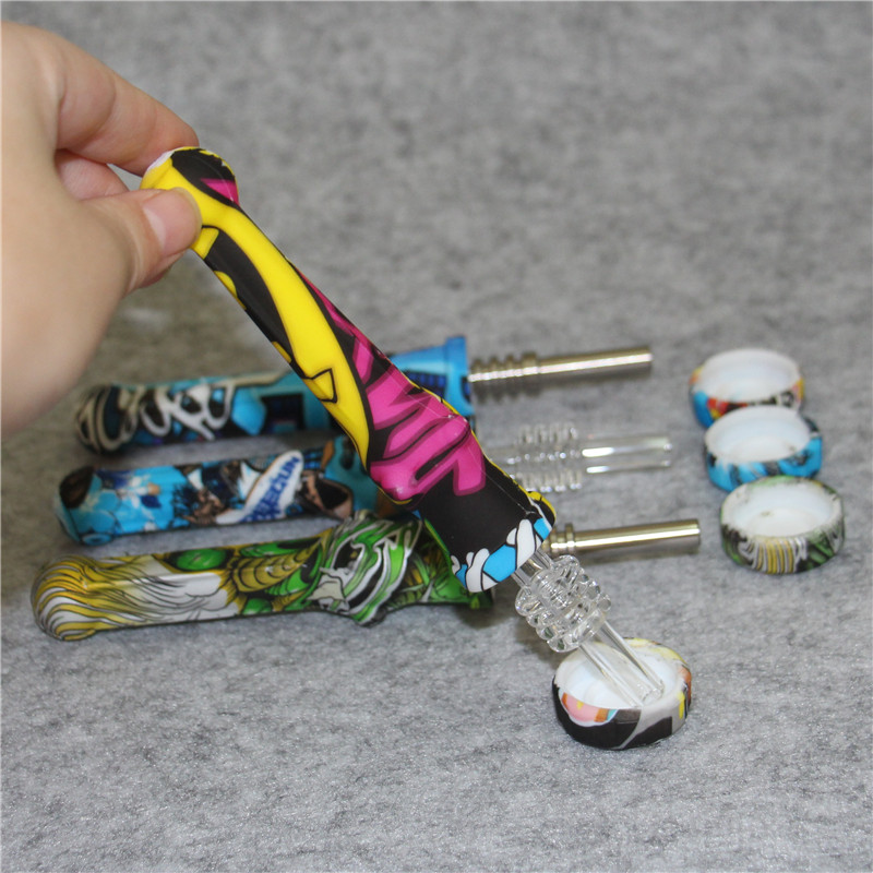 14mm Food Grade Silicone Mini Smoke Pipe With Titanium Nail Printed Nectar Pipes Smoking Tools Of Glass Bongs Dab Rigs