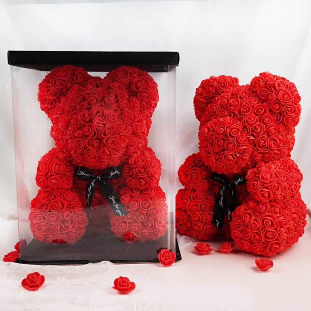 Torkade blommor 25 cm valentiner dag gåva röd ros nallebjörn med låda konstgjorda blomma xmas nyår mors s y2212