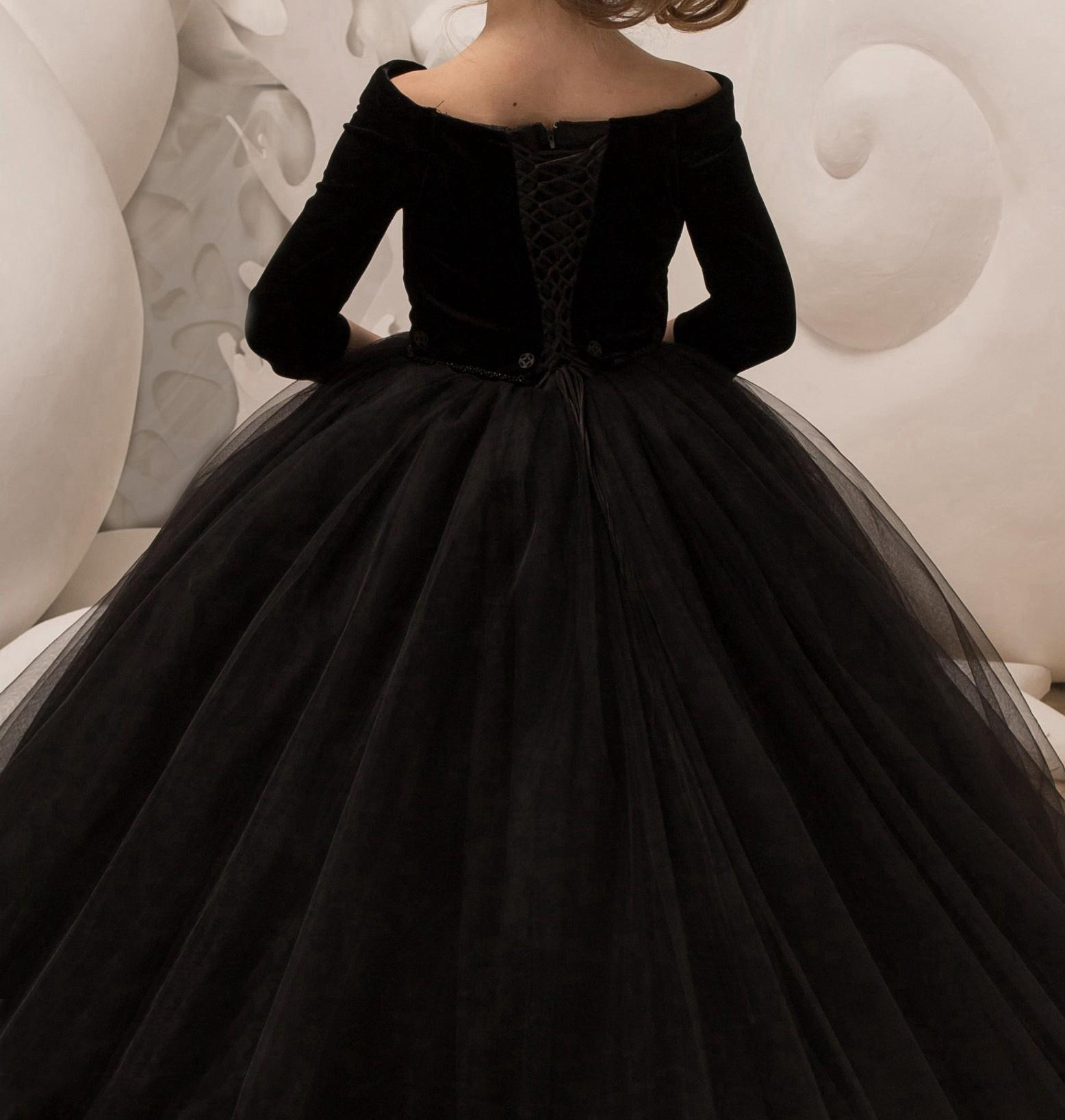 Black Princess Ball Gown Kids Pageant Dress with Elegant Half Sleeves for Girls Aged 5 -14 Years Girl Dresses