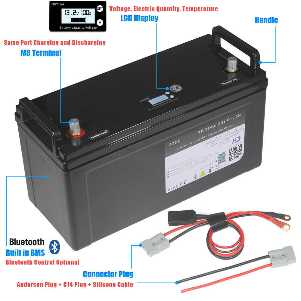 Batterie Bluetooth LiFePO4 12V 200ah, BMS 150a pour camping-car, caravane, chariot élévateur, Robot, onduleur solaire, stockage 12V LiFePO4