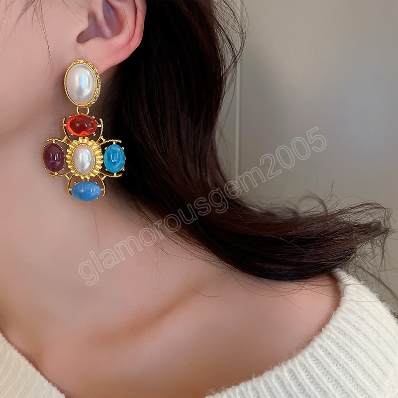 Boucles d'oreilles pendantes en résine colorée pour femmes, bijoux à la mode, tempérament de luxe, métal couleur or, perle, cadeau féminin