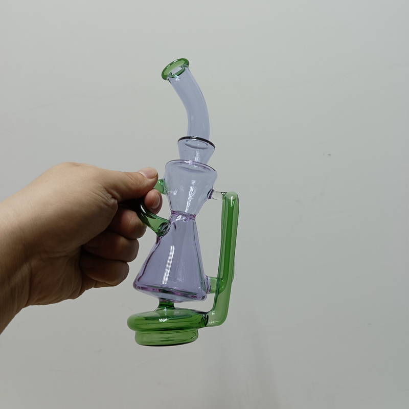 Fioletowe szklane Bong wodne fajki wodne podwójne pobieranie klepsydra Tornado Recycler Dab Rig Shisha 14mm slajd