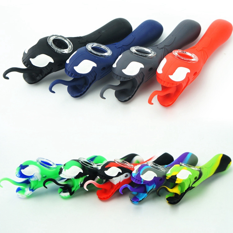 COOL Colorful Silicone Snake Head Style Pipes Dry Herb Tobacco Thick Glass Filter Bowl Portable Handpipes Cigarette Holder Smoking