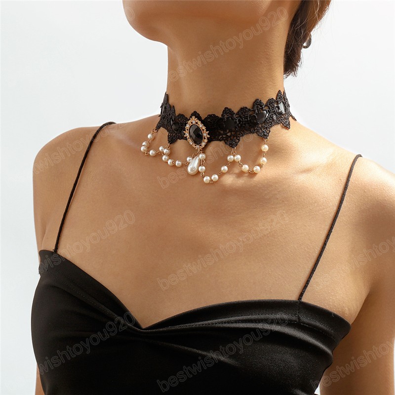 HARAJUKU Black Lace Rhinestone Choker Naszyjnik Kobiety Krótki Pearl Frędzl