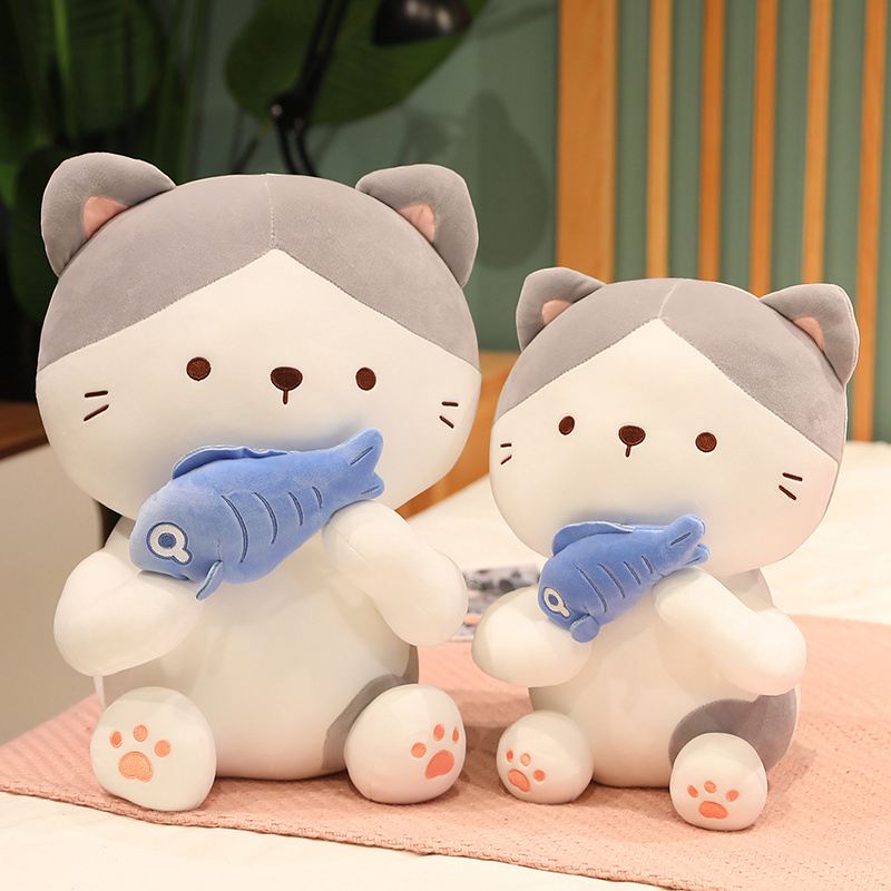 60cm Kawaii Sitting Cute Eat Fish Cat Plush Toy Soft Stuffed Cartoon Animal Pussy Doll Photography Props Home Decor