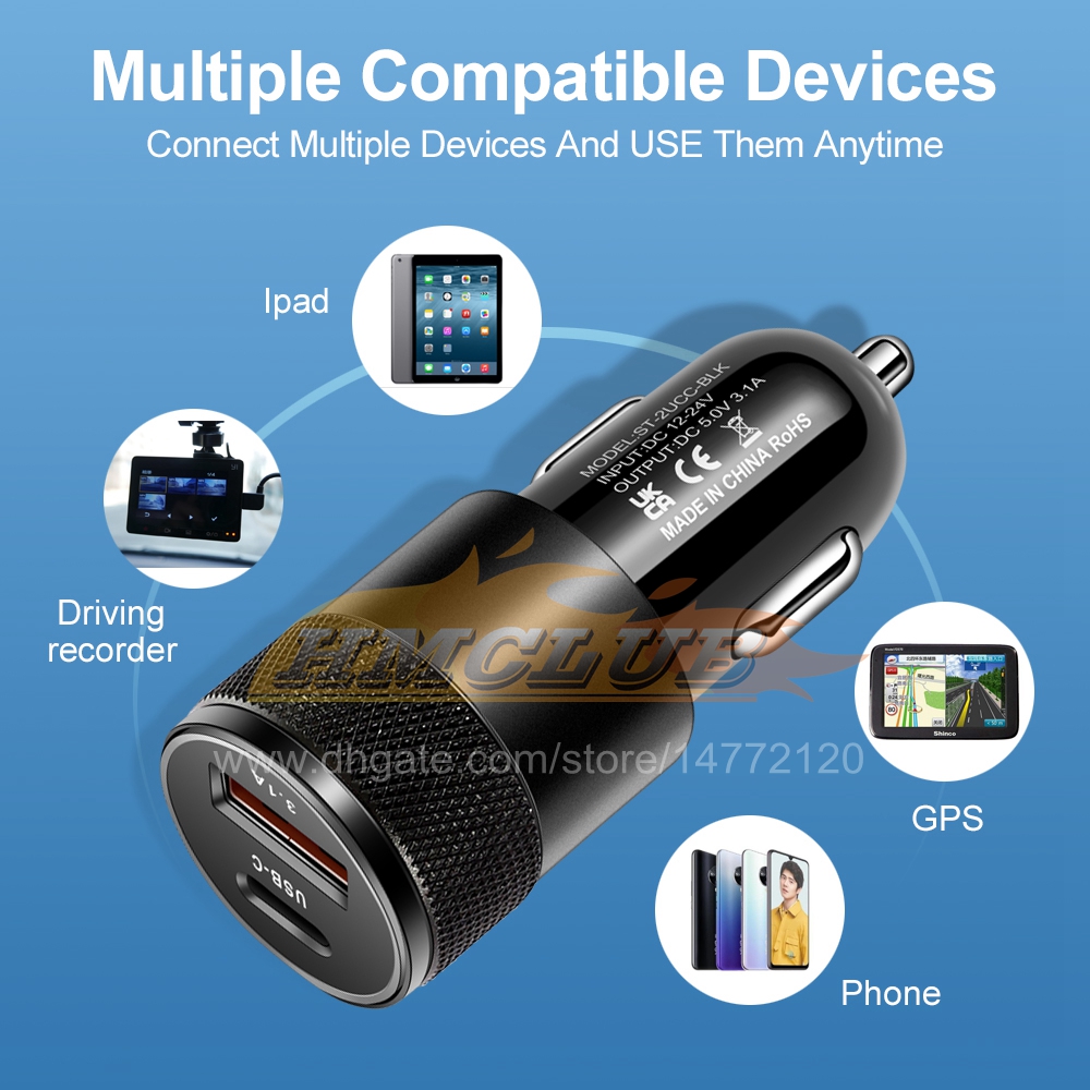 CC248 3.1A Chargeur de voiture Charge rapide 3.0 Type C Adaptateur de téléphone à charge rapide pour iPhone 13 12 11 Pro Max Redmi Huawei Samsung S21 S22