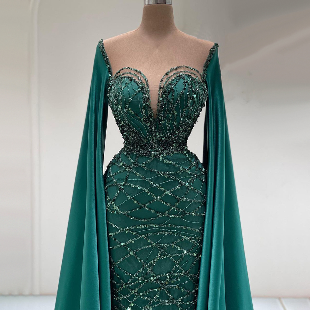 Hunter Green Cape Mangas compridas vestidos de noite de luxo 2023 Dubai sereia de dubai