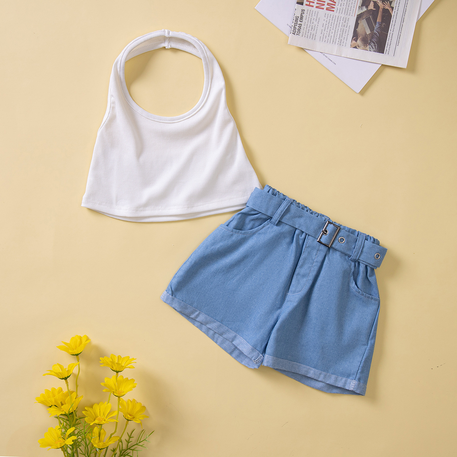 Baby Girl Summer 2pcs Set Halter White Tops und Denim Shorts Sets Kinderm￤dchenkleidung