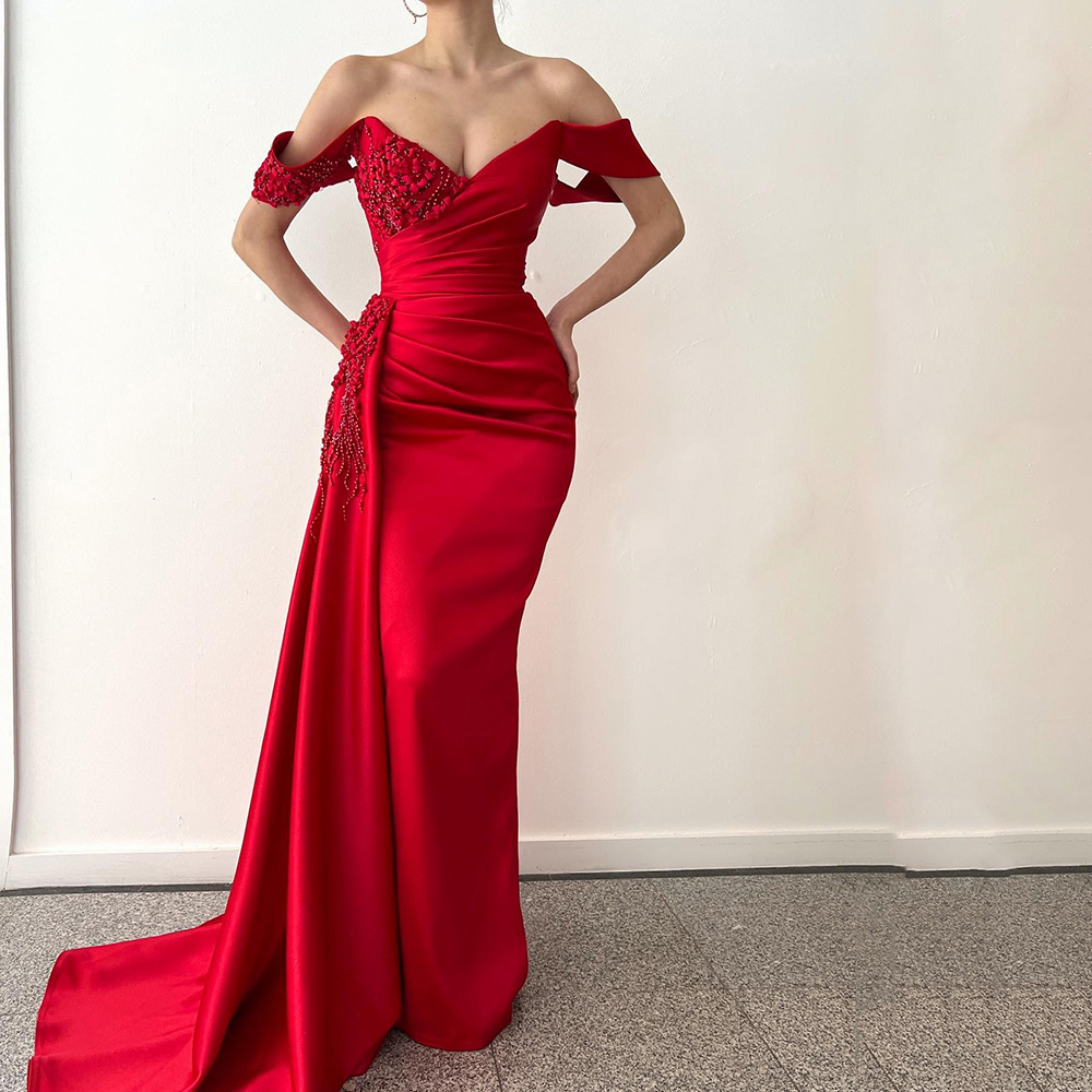 2023イブニングドレスを着る赤い驚くべきオフショルダーレースアップリケパールズビーズの花マーメイドセクシーな女性ドバイフォーマルパーティープロムドレス