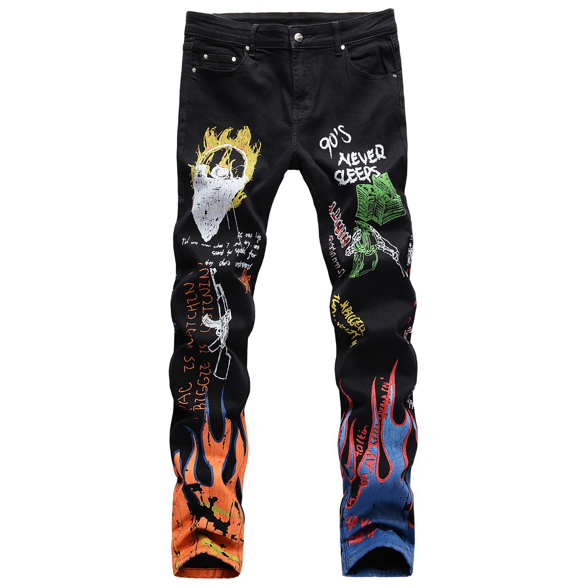 Jeans da uomo High Street Stampa a colori 3D Pantaloni bianchi neri Skull Graffiti Rock Style Elastic Slim Fit Jeans