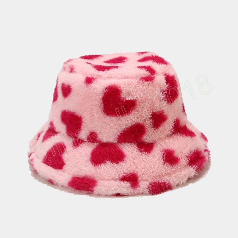 Vinterhjärta tryck faux päls fluffig hink hatt kvinnor utomhus varma hattar mjuka sammet päls fiskare mössor flicka mode panama