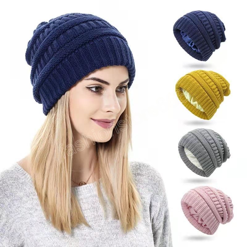 Womens Satin Lined Hairstyle Protection Beanie Hats Winter Fashion Warm Knitted Hat Female Solid Outdoor Windproof Casual Cap