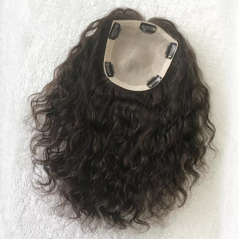 15x16CM European Human Hair Topper Silk Skin Base Toupee curly Virgin Hair Extension with Clips for Women