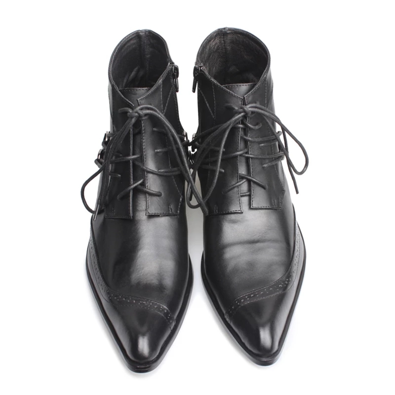 Mężczyźni skórzane buty czarne jesienne zima spiczaste palce koronkowe botas botas hombre mody projektanta kostki sapatos
