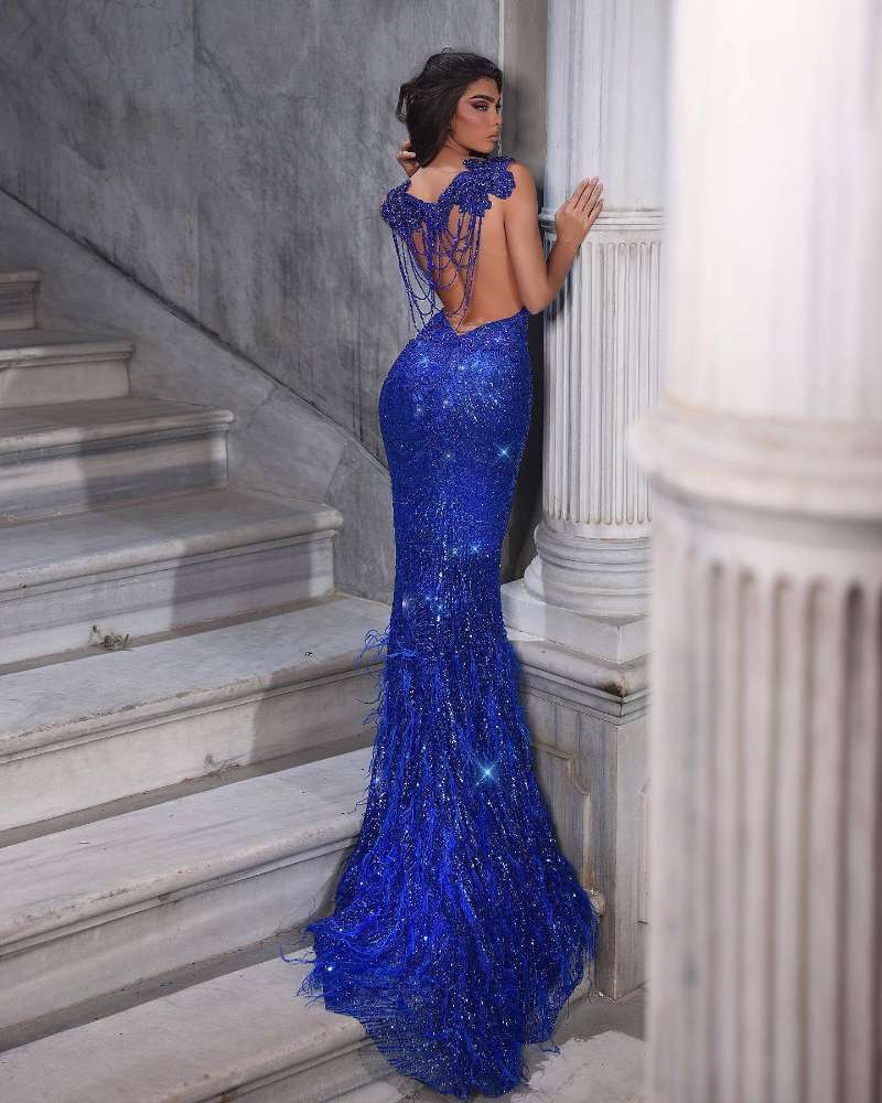 Modest Feathers Prom Dresses Spaghetti Straps Lace Backless Party Dresses Sequined Tassels Custom Made Evening Dress