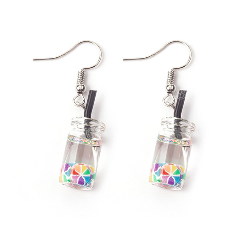 Lovely Fruit Milk Tea Drink Bottle Dangle Earrings Fashion Candy Color Lemon Apple Creative Earring for Women Jewelry