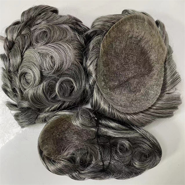 Substituição indiana de cabelo humano virgem 8x10 1b/cinza Q6 Toupee Skin PU lados e costas com unidades de renda suíça para homens velhos