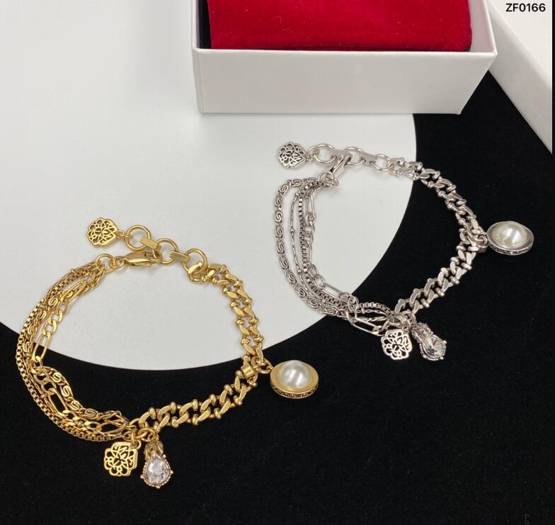 Cadena de doble capa, pulseras con colgante de calavera de perlas, esqueleto de calavera de oro y plata, brazalete lujoso de amor eterno para mujer MEB1K07250o