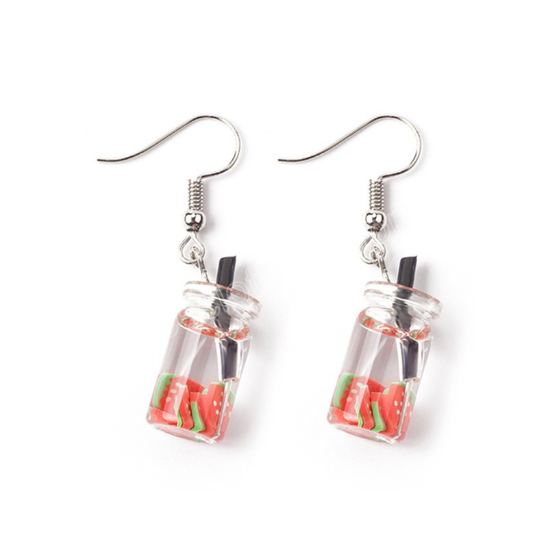 Lovely Fruit Milk Tea Drink Bottle Dangle Earrings Fashion Candy Color Lemon Apple Creative Earring for Women Jewelry