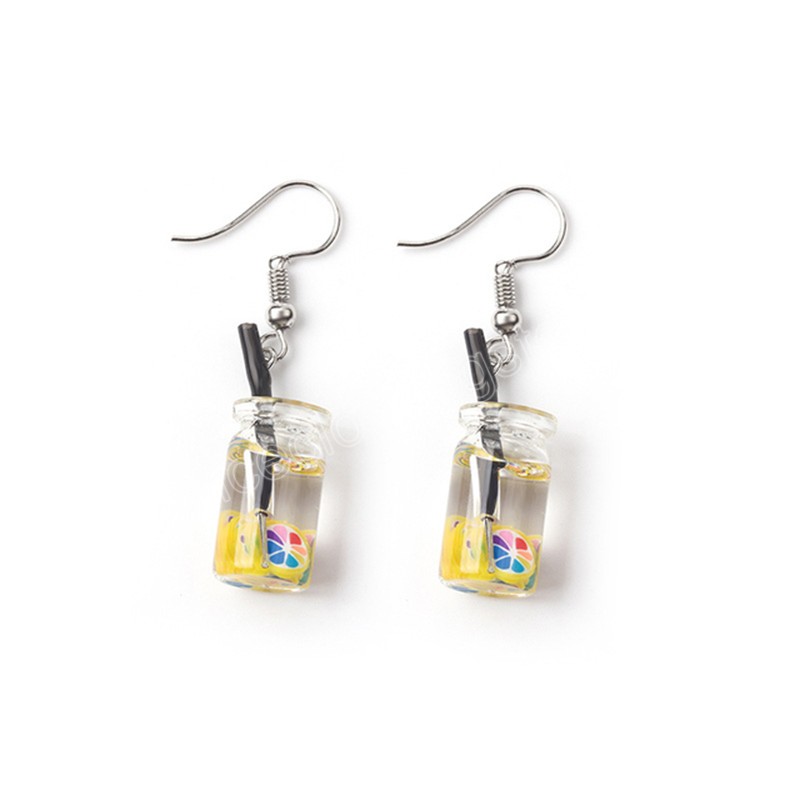 Lovely Fruit Milk Tea Drink Bottle Dangle Earrings Fashion Candy Color Lemon Apple Creative Earring for Women Jewelry