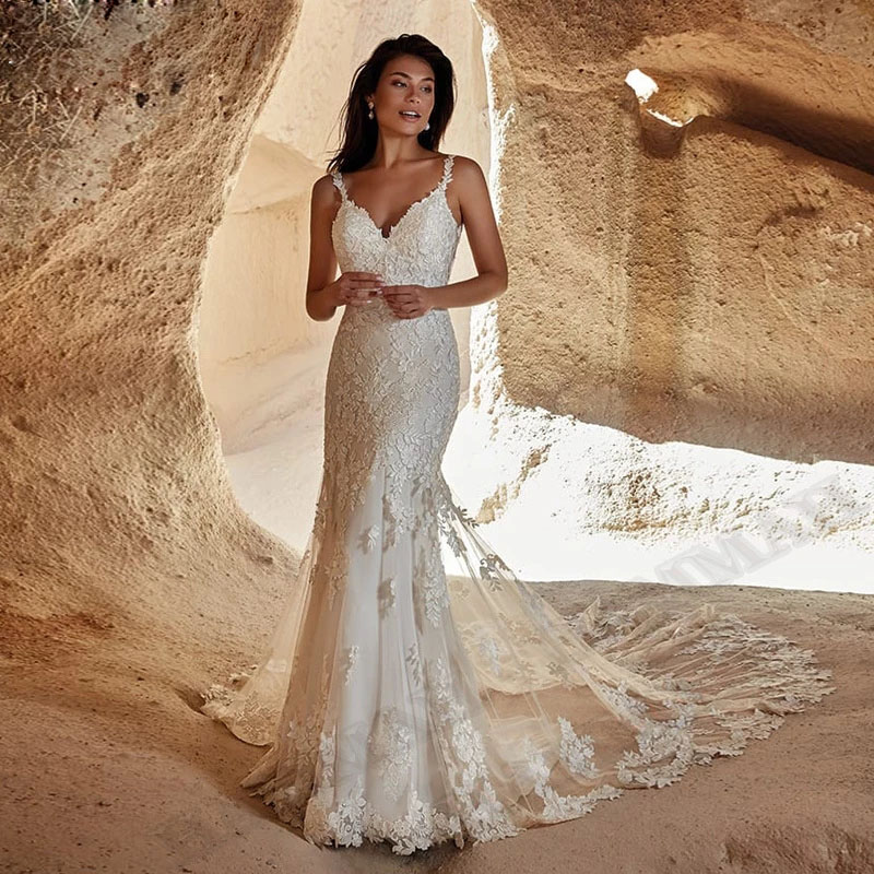 Robe de mariée élégante sirène bretelles spaghetti dos nu mariée Vestido dentelle Appliques sans manches sur mesure