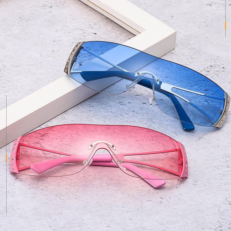 Lunettes de soleil sans monture en diamant Y2K pour femmes, Punk, une pièce surdimensionnée, marque de styliste des années 2000, lunettes de sport Shades223Y