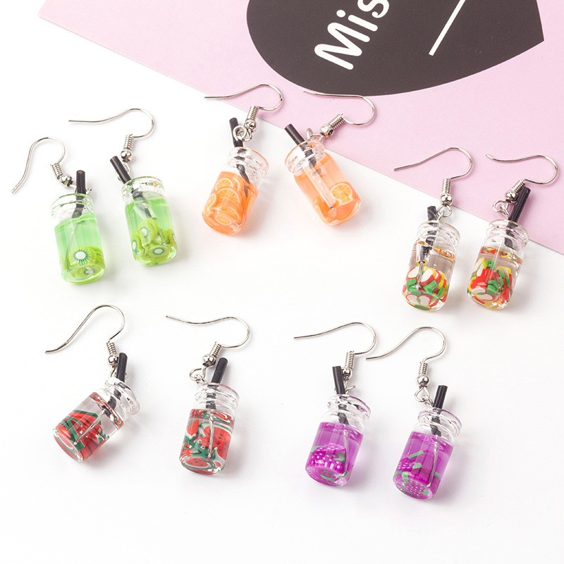 Lovely Fruit Milk Tea Drink Bottle Dangle Earrings Fashion Candy Color Lemon Apple Creative Earring for Women Jewelry