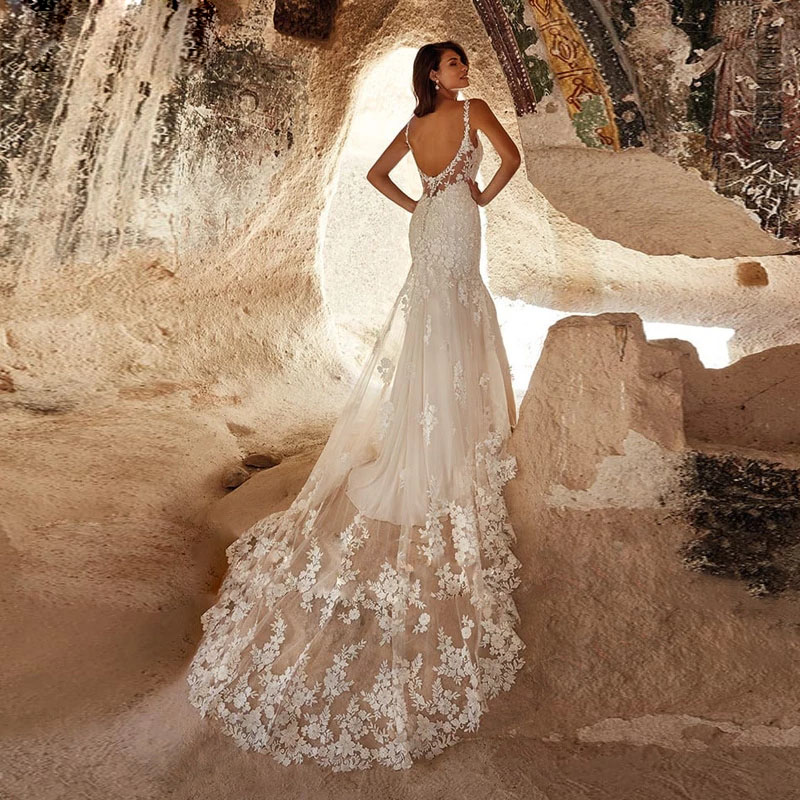 Robe de mariée élégante sirène bretelles spaghetti dos nu mariée Vestido dentelle Appliques sans manches sur mesure