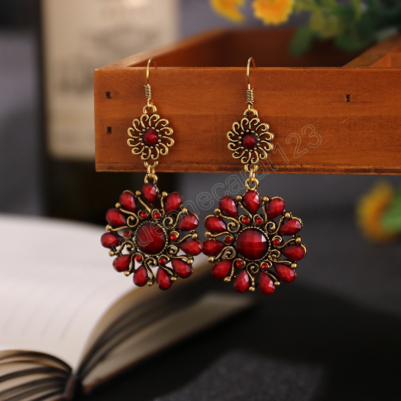 Retro Blue Flower Stone Dangle Earring For Women Sunflower Shape Gold Color Alloy Dangling Earrings Jhumka Indian Jewelry6053855