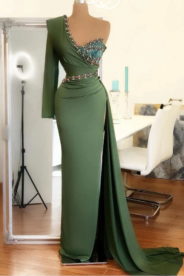 Sexy Vert Foncé Plus La Taille Sirène Robes De Bal Longues Pour Les Femmes Une Épaule Perles Cristaux Haut Côté Split Balayage Train Formelle Soirée Robes De Soirée Sur Mesure