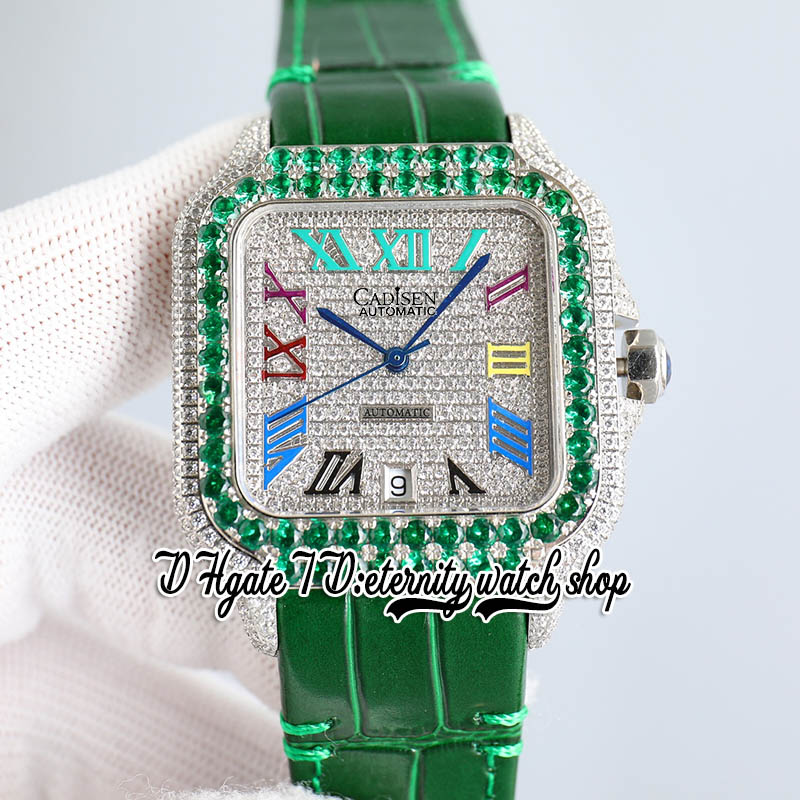 TWF tw0009 M8215 orologio automatico da uomo 40 mm verde ghiacciato grande lunetta con diamanti pavé di diamanti quadrante indici romani cinturino in pelle 2022 Super Edition orologi eternità