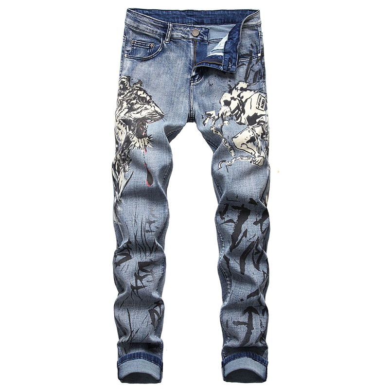 Moda patrón 3D Street Jean letras impresas pantalones vaqueros góticos hombre flaco negro azul diseñador pantalones de mezclilla más el tamaño 42