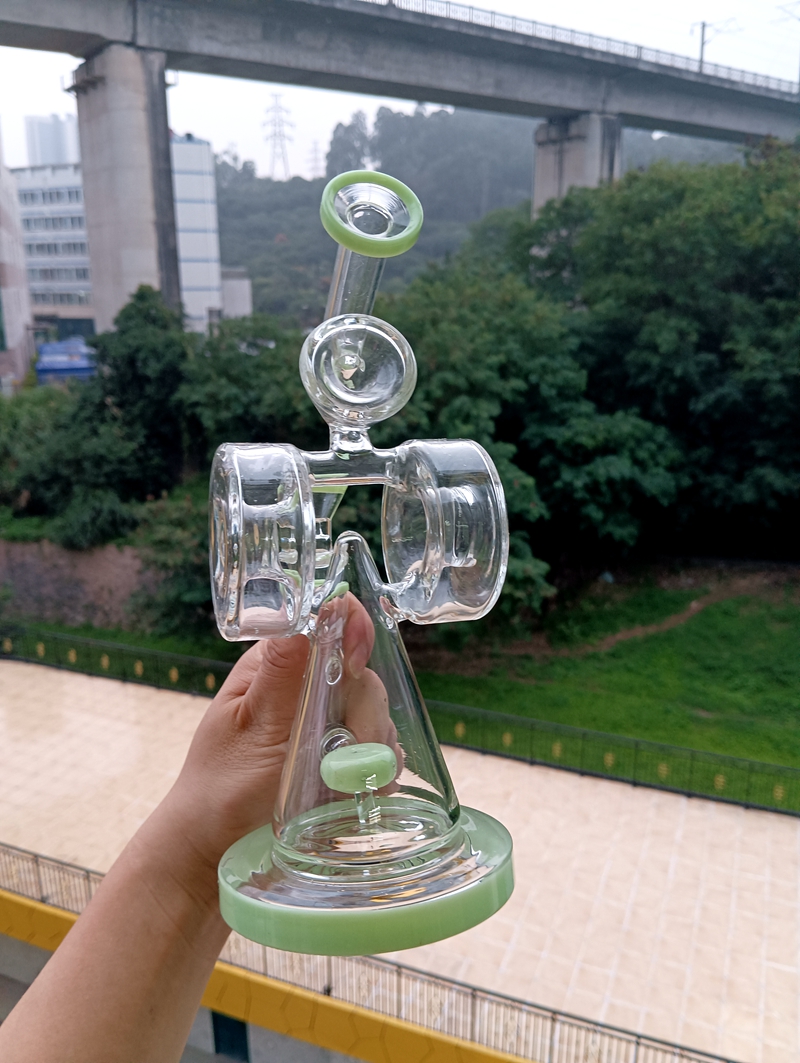 Green Glass Hookahs Double Donut Water Recycler Wax Dab Rig Dab Relice de 14 mm de cachimbo de ￡gua Bongos