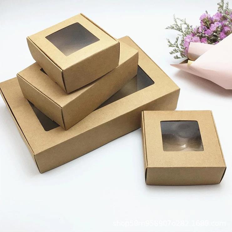 Boîte d'emballage cadeau en papier Kraft avec fenêtre, boîte à savon faite à la main, bijoux, biscuits, bonbons, coffrets cadeaux de mariage, décoration de fête SN530