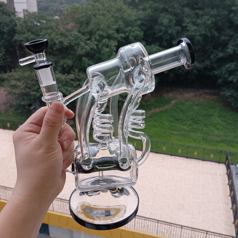 Black Glass Water Recycler Bong Hookahs Oil Dab Rig Rotary Percolators Pipe för rökning med 14 mm fog