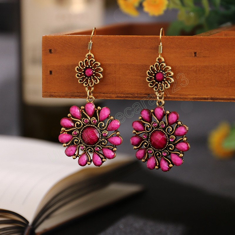 Retro Blue Flower Stone Dangle Earring For Women Sunflower Shape Gold Color Alloy Dangling Earrings Jhumka Indian Jewelry9049970