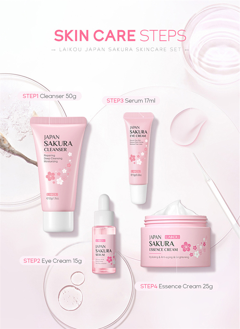 4 pezzi / set Cherry Blossom Sakura Set la cura della pelle Collagene Crema gli occhi Siero Detergente il viso Toner Crema il viso Trucco di bellezza con confezione regalo
