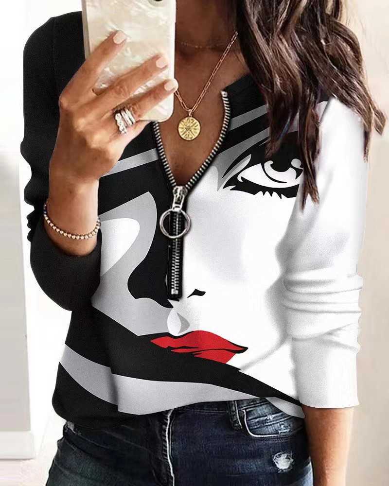2023 Womens Designer Clothing Fashionable T Shirts For Woman T-shirts Blouse Printing Zipper Long Sleeve New Casual Ladies Top Sweatshirts