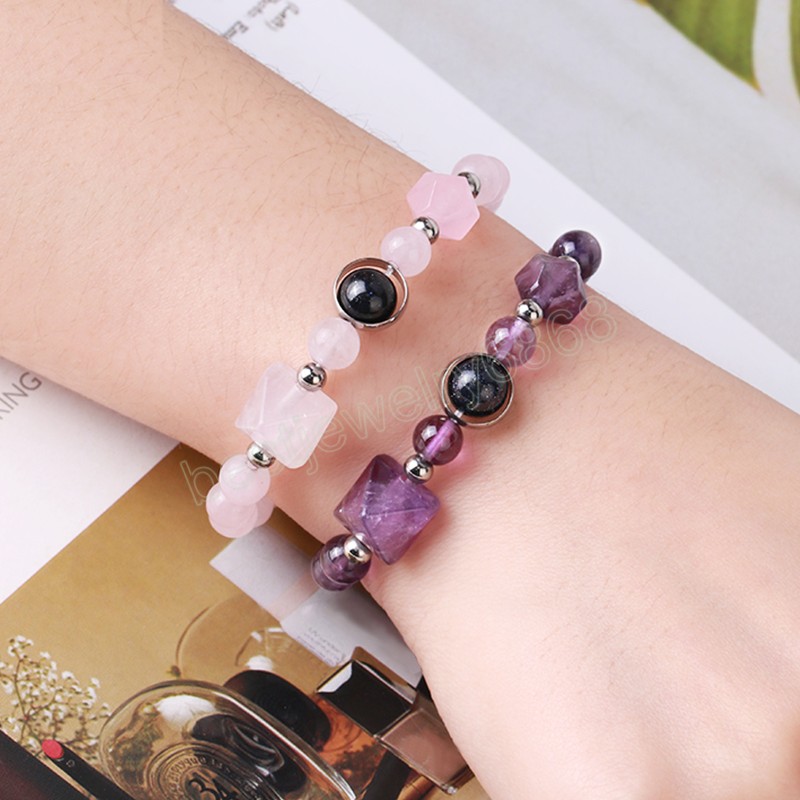 Bracelet en cristaux de 6mm, perles en pierre naturelle, breloques pyramide, Quartz rose, améthystes, bijoux en obsidienne, Bracelets pour femme