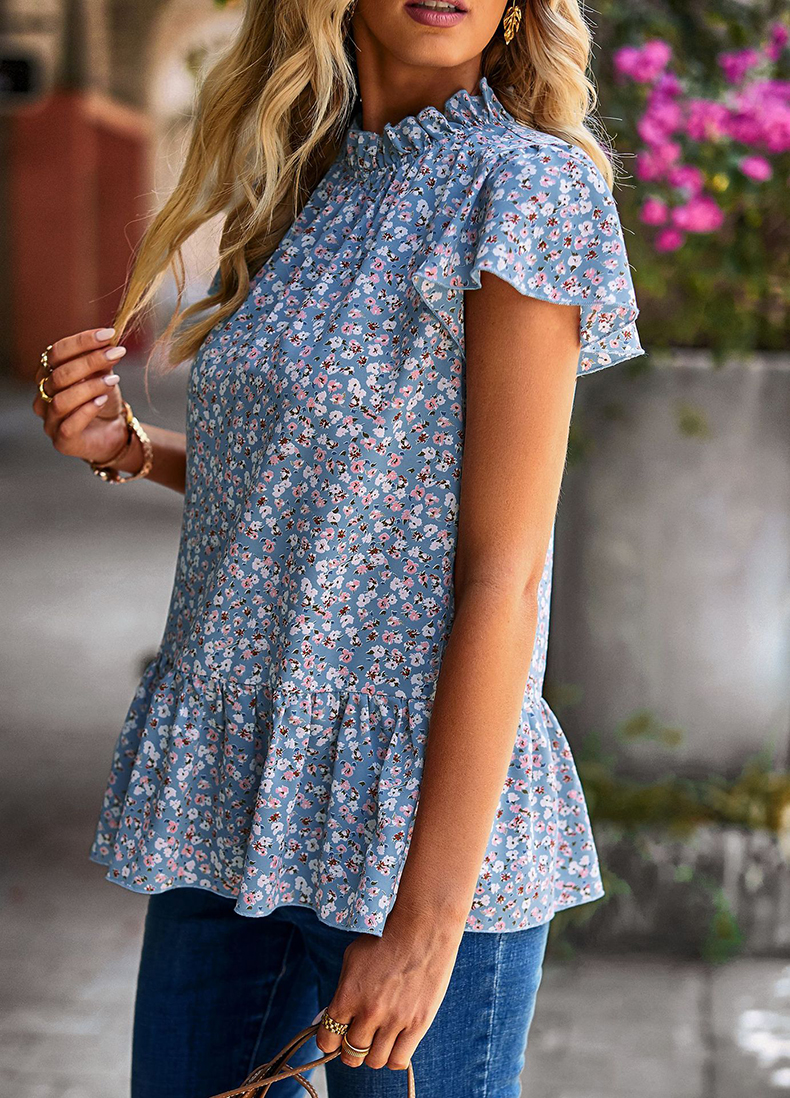 Summer Women Shirts Casual Floral Print Tops Crew Neck T-Shirts Cute Short Sleeve Blouses Tunic