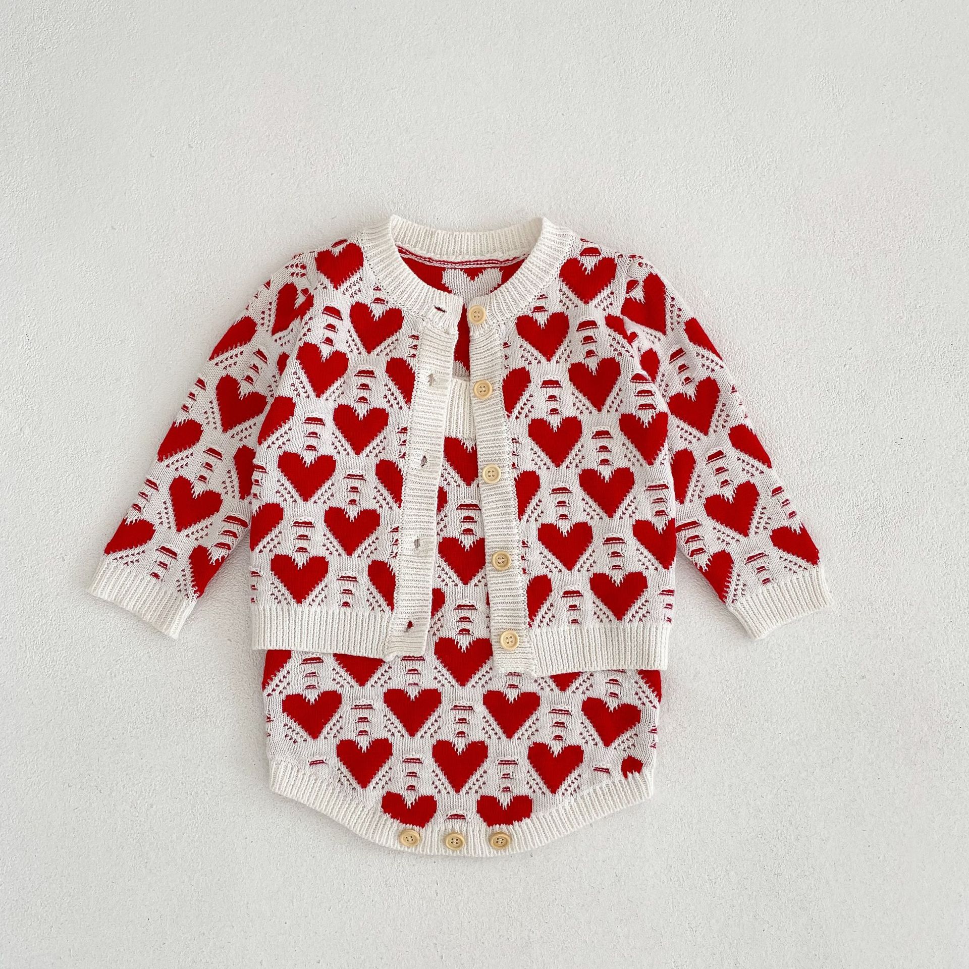 Ins cute spring fall Knit Clothing Sets Kids long sleeve Red Love Heart Cardigan Romper baby Clothes 100% cotton