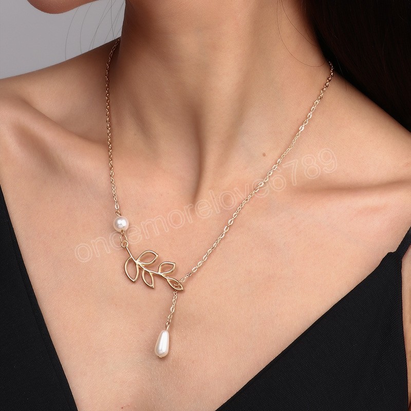 Bohemian Vintage Simple Casual Hollow Leaf White Simulated Pearl Water Drop Pendant Necklace Clavicle Chain Jewelry