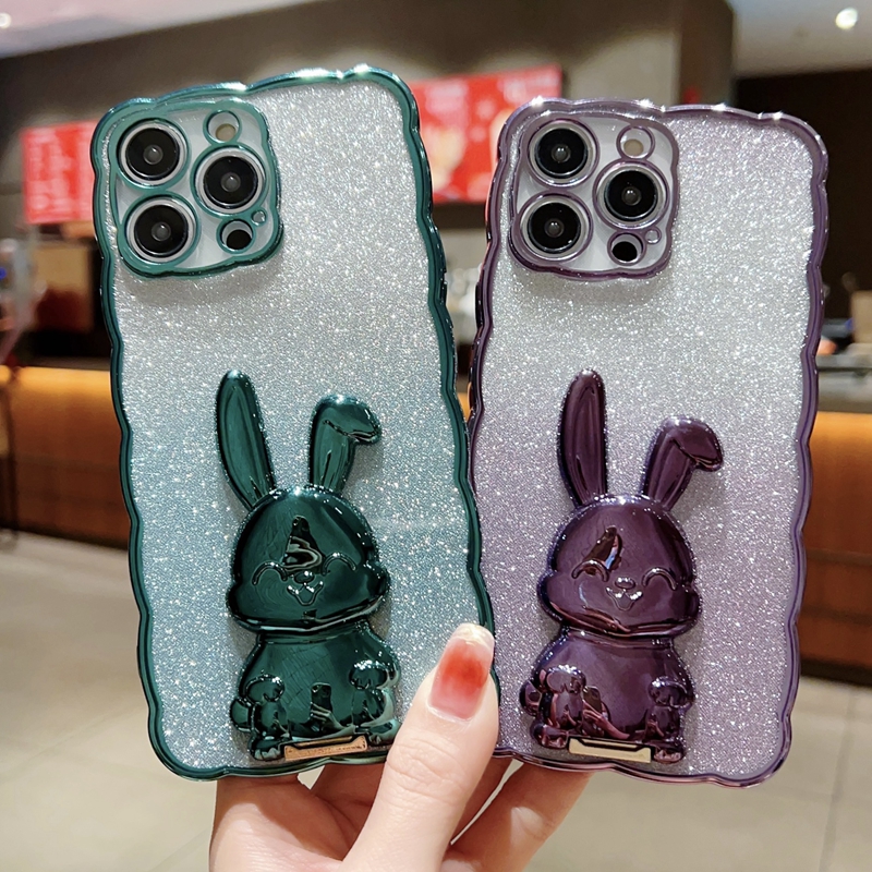 Étuis à paillettes 3D avec support de lapin pour iPhone 14 Pro Max Plus 13 12 11 XR XS X 8 7 Placage métallique chromé plaqué luxe ondulé dégradé scintillant couverture arrière en TPU souple