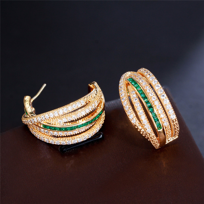 Fashion Luxurious Jewelry Designer Hoop Earring for Woman Party 14K Gold Plated Round Emerald Green AAA Cubic Zirconia 925 Silver Post Bridal Wedding Earrings Gift